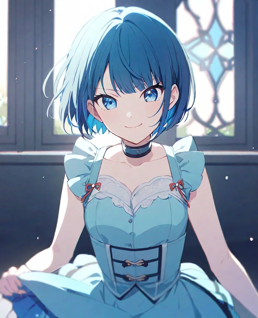 One girl,alone,kiritani haruka,Blue Hair,Blue Eyes,project sekai,Short Hair,cute,cute,smile,