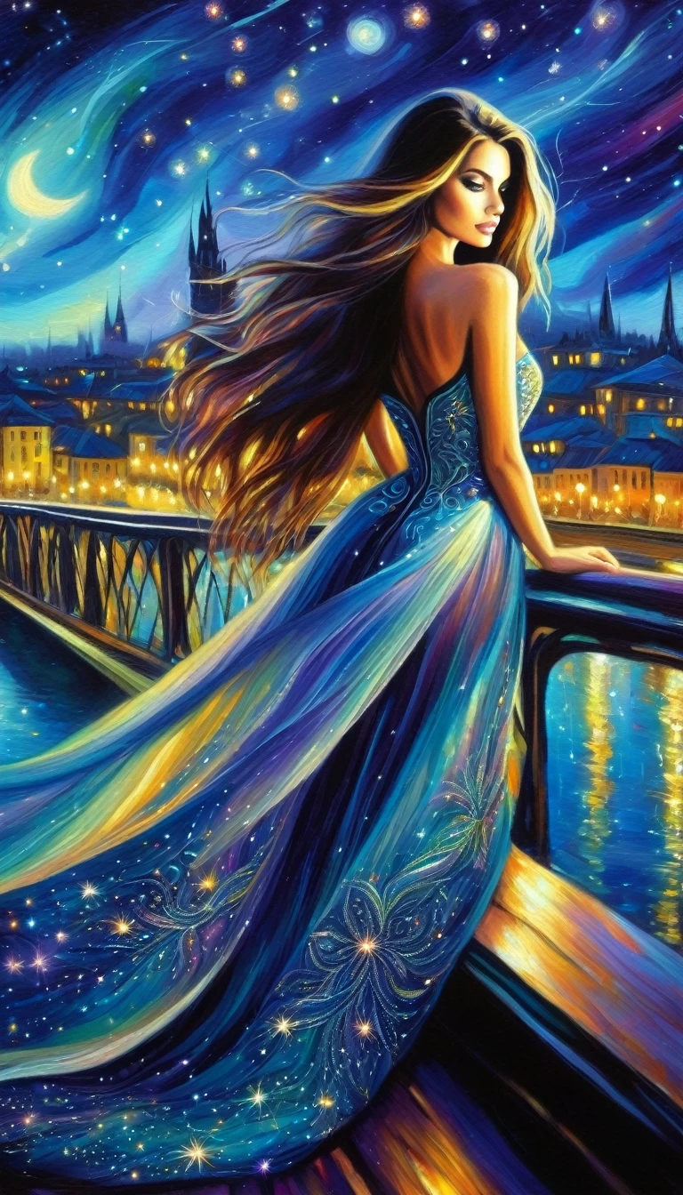 woman with long hair, sexy, with embroidered dress, magic, fantasy, night sky, stars, on a bridge overlooking the city, vivid colors  oil painting)
