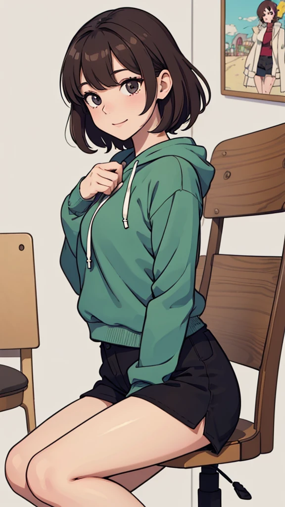 (((masterpiece, best quality, ultra highres, 1 girl, solo, no background))), super detailed skin and face and eyes and finger, beautiful japanese woman, small breasts:1.5, skinny, light brown hair, white background, very short curly pixie hair, (an illustration of girl), Knee shot, Generate with illustrations, Various expressions, Various poses, Please draw the entire character within the frame, ensuring that the head, arms, and legs are not cut off. The background should be simple, with the character positioned centrally, outline, anime, hoodie, laughter,