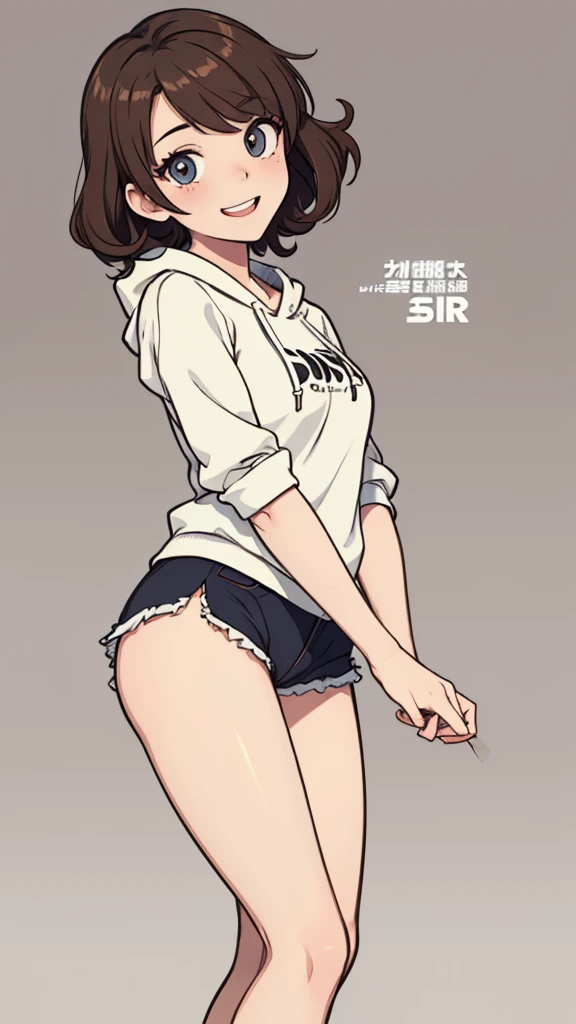(((masterpiece, best quality, ultra highres, 1 girl, solo, no background))), super detailed skin and face and eyes and finger, beautiful japanese woman, small breasts:1.5, skinny, light brown hair, white background, very short curly pixie hair, (an illustration of girl), Knee shot, Generate with illustrations, Various expressions, Various poses, Please draw the entire character within the frame, ensuring that the head, arms, and legs are not cut off. The background should be simple, with the character positioned centrally, outline, anime, hoodie, laughter,