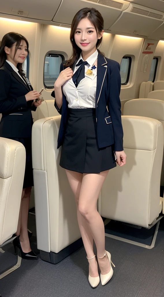 ​highest quality、8k、best image quality、Award-winning work), two beautiful women、radiant beautiful skin , masterpiece、top-quality、The ultra -The high-definition、depth of fields、lens flare 2 girls、、brown hair, watching at viewers glares, large breasts , stewardess uniform, (ivory stewardess blazer:1.3),  shirt, short ivory skirt, (white ysl high heels), perfect legs, model pose, view from below, smiling , flight cabin,
ពីរនាក់