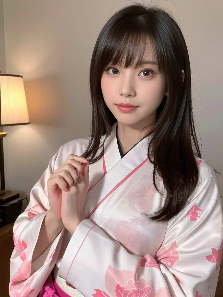 White kimono、Pink Japanese pattern、(Long-sleeved kimono:1.5)、or、(Top Grade)、1 female、18-year-old、Big Breasts、Esbian all over、Black-haired、Tie your hair back、(Realistic:1.7)、((Best image quality))、Absurd、(Ultra-high resolution)、(Photoreal:1.6)、Photoreal、Octane Rendering、(超Realistic:1.2)、(Realistic face:1.2)、(8K)、(4K)、(masterpiece)、(Realistic skin texture)、(Awareness-raising、Cinema Lighting、wall-)、(Beautiful Eyes:1.2)、((((Perfect Face))))、(A cute face like an idol:1.2)、( Are standing)、shrine、The bird is ready、(January)、Cute face with attention to detail、True Beauty、Laughter、