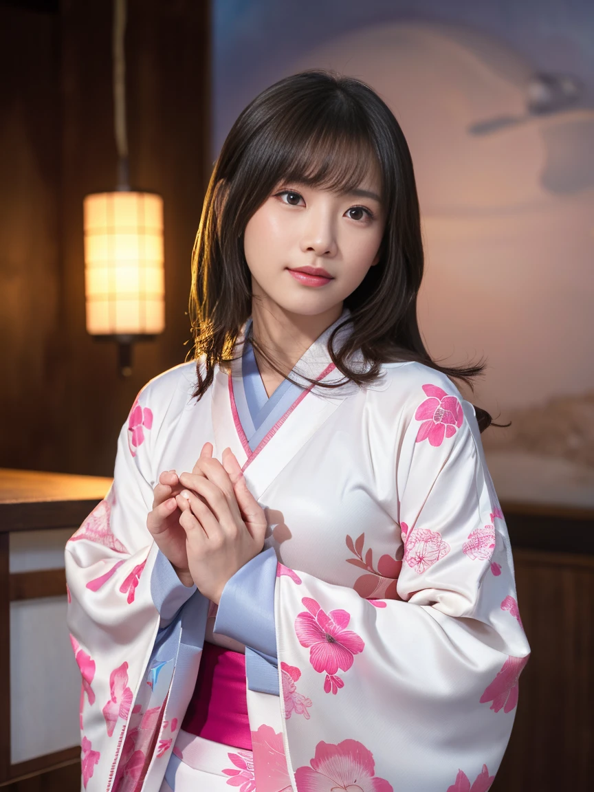 White kimono、Pink Japanese pattern、(Long-sleeved kimono:1.5)、or、(Top Grade)、1 female、18-year-old、Big Breasts、Esbian all over、Black-haired、Tie your hair back、(Realistic:1.7)、((Best image quality))、Absurd、(Ultra-high resolution)、(Photoreal:1.6)、Photoreal、Octane Rendering、(超Realistic:1.2)、(Realistic face:1.2)、(8K)、(4K)、(masterpiece)、(Realistic skin texture)、(Awareness-raising、Cinema Lighting、wall-)、(Beautiful Eyes:1.2)、((((Perfect Face))))、(A cute face like an idol:1.2)、( Are standing)、shrine、The bird is ready、(January)、Cute face with attention to detail、True Beauty、Laughter、