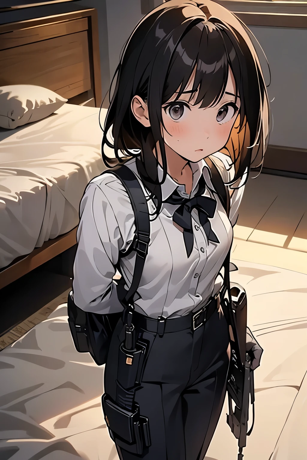 1 female, , high quality, masterpiece, Ultra-high resolution, , Cinema Lighting, , , And the suspenders with the cranes flying　　　Moderate breasts　 　 　　　　Small face　 　　　holster　　　　　　　 Lying in bed　Looking up　　　　Sweat 　　　belt　summer　脇Sweat 　Black Hole Gloves　suit　shirt　　Black jacket　 Black trousers　Leg Links　ズボンにbelt　　holster　 　　Hands behind your back　 Anxious expression　Looking up　Anxious face 