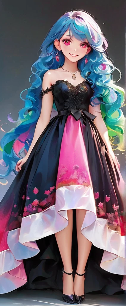 A stunning portrait of a 17-year-old girl with rainbow-coloured hair, a mix of blue and pink, under a brilliant sky on a sunny summer day、A breathtaking view unfolds。Half blue and half pink、A girl with colorful, flowing hair、Standing with a captivating smile。Long curls cascading down in golden waves、Frames bright sky blue eyes。Red and black repair dress 1.Wearing a voluminous 2-meter skirt、Captivate the audience with elegance。The dress was torn in many places、It is revealed