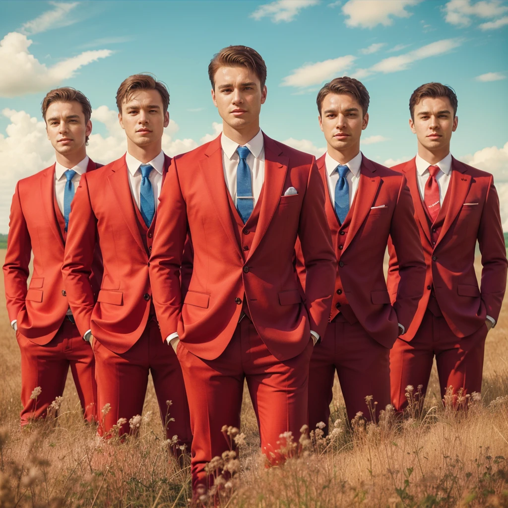 real potrait, full body, five men wearing red suits, standing side by side, the background of an open field, Blue sky, charming bright colors