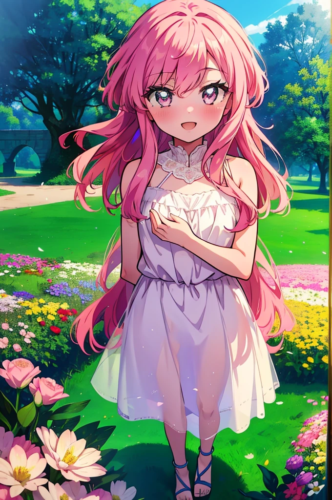 Louise Françoise Le Brun de La Valliere,Pink Hair,Pink Eyes,blush,smile,Open your mouth, White sleeveless dress,Long skirt,Cute Sandals,Standing with arms behind back,So that the whole body goes into the illustration,Daytime,Clear skies、
break looking at viewer,all,
break outdoors, Flower Field,Large lakeside,
break (masterpiece:1.2), Highest quality, High resolution, unity 8k wallpaper, (figure:0.8), (Detailed and beautiful eyes:1.6), Highly detailed face, Perfect lighting, Extremely detailed CG, (Perfect hands, Perfect Anatomy),