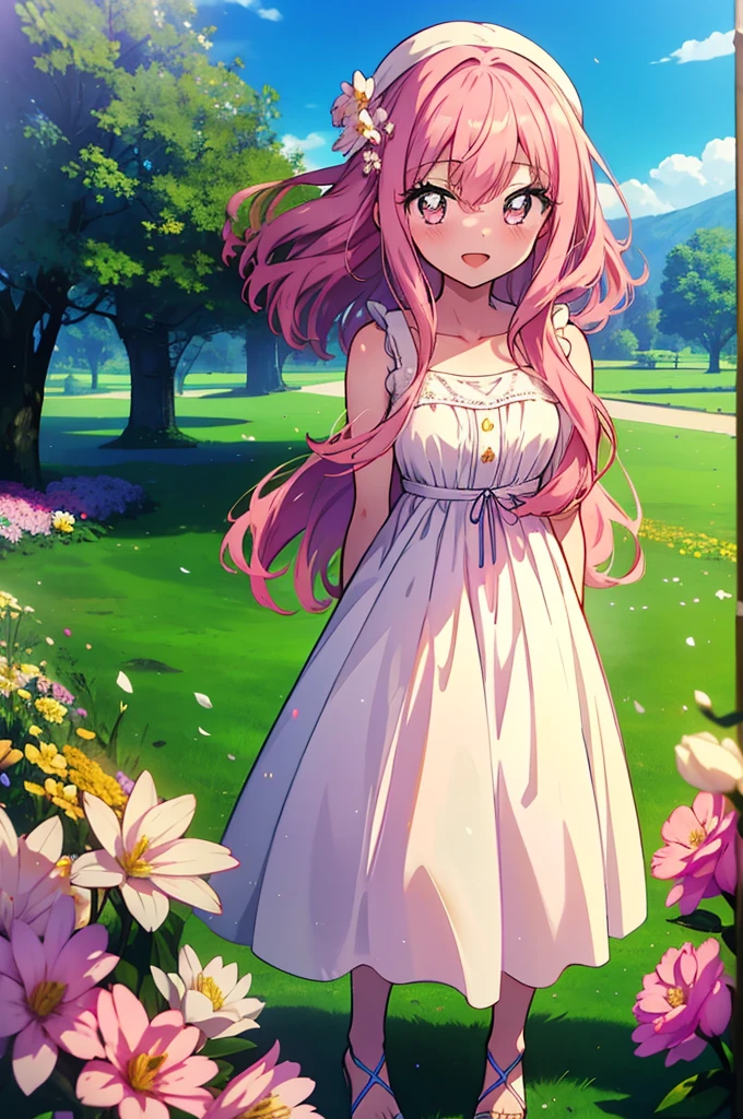 Louise Françoise Le Brun de La Valliere,Pink Hair,Pink Eyes,blush,smile,Open your mouth, White sleeveless dress,Long skirt,Cute Sandals,Standing with arms behind back,So that the whole body goes into the illustration,Daytime,Clear skies、
break looking at viewer,all,
break outdoors, Flower Field,Large lakeside,
break (masterpiece:1.2), Highest quality, High resolution, unity 8k wallpaper, (figure:0.8), (Detailed and beautiful eyes:1.6), Highly detailed face, Perfect lighting, Extremely detailed CG, (Perfect hands, Perfect Anatomy),