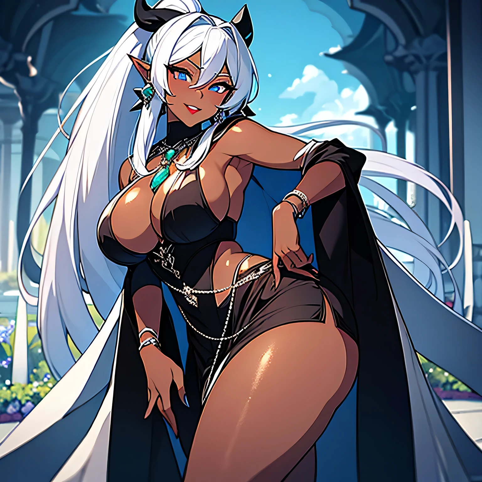 Full body portrait ,adult woman with dark skin, Perfect beauty,detailed image, high quality,Silver white long hair, collected in the form of a ponytail, pointy ears, Detailed big eyes, well detailed blue pupils ,dark ,Red lips ,perfect smile ,perfect body, big breasts, thick thighs , silver earrings, silver necklace with an emerald in the center hanging on her chest, white low-cut blouse , a cape on the back,black leather gloves, black fabric miniskirt, long ankle boots , black color on the feet, standing on a garden covered in blue flowers in the background a medieval fantasy city, 
