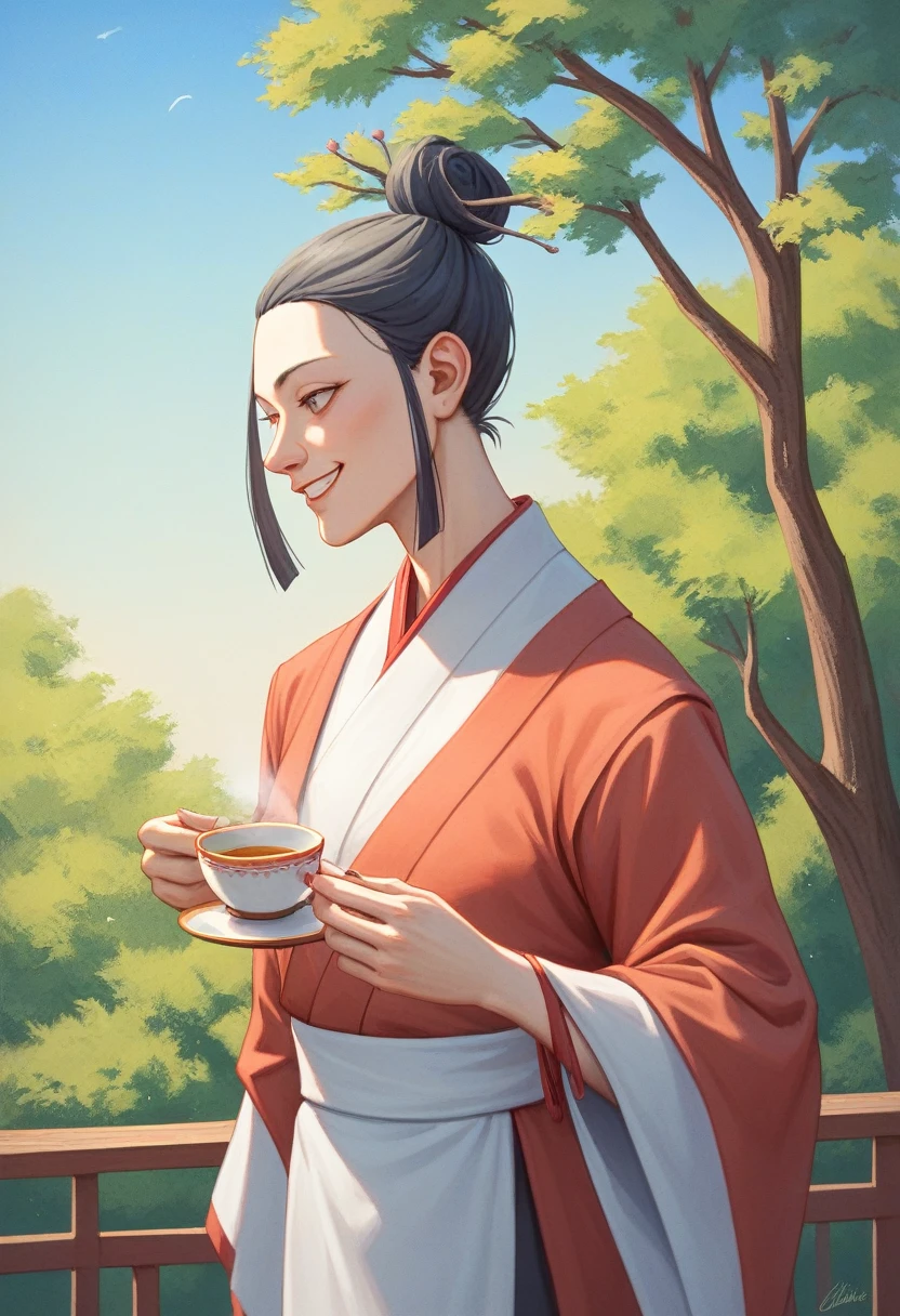 Tea pickers are picking tea，shukezouma, Negative Space, , Bisim , Portrait of a Standing Woman , Willow branches, (masterpiece, best quality:1.2), Traditional Chinese ink painting, Model shooting style, peaceful, (Smile), Looking at the audience, Wear long Han clothes, Hanfu, song, Tea trees in the background, wuchangshuo,