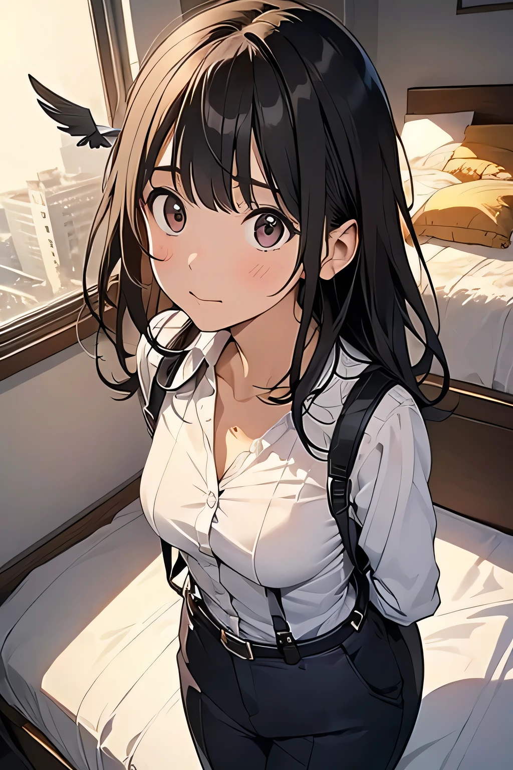1 female, , high quality, masterpiece, Ultra-high resolution, , Cinema Lighting, , , And the suspenders with the cranes flying　　　Moderate breasts　 　 　　　　Small face　 　　　holster　　　　　　　 Lying in bed　Looking up　　　　Sweat 　　　belt　summer　脇Sweat 　Black Hole Gloves　suit　shirt　　Black jacket　 Black trousers　Leg Links　ズボンにbelt　　holster　 　　Hands behind your back　 Anxious expression　Looking up　Anxious face 