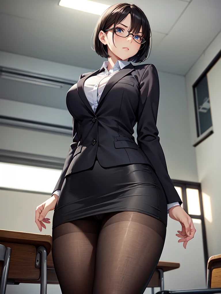 masterpiece, best quality, high definition images, atmospheric perspective, expressive eyes, perfect face, ultra detailed, solo, 1mature seductive woman alluring, female teacher, look elegant, black short bob hair, simple glasses, business suit, jacket, blouse, pencil skirt, tight mini skirt, open legs, panties, curvy, thighs, pantyhose, high heals, stern expression, shy, from below, in classroom, school,