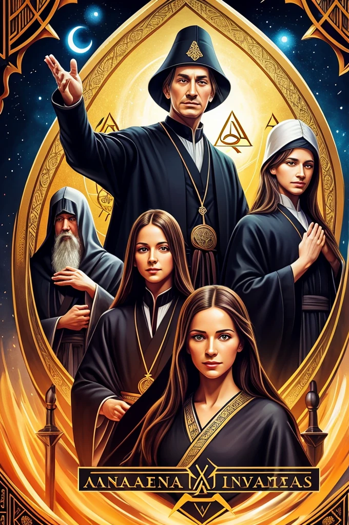 Generate an illustration for a book by the author Anastasia Novykh "sensei".Depict the Archons of the Illuminati and the Masons in interaction.The painting must be done in the style of realism.