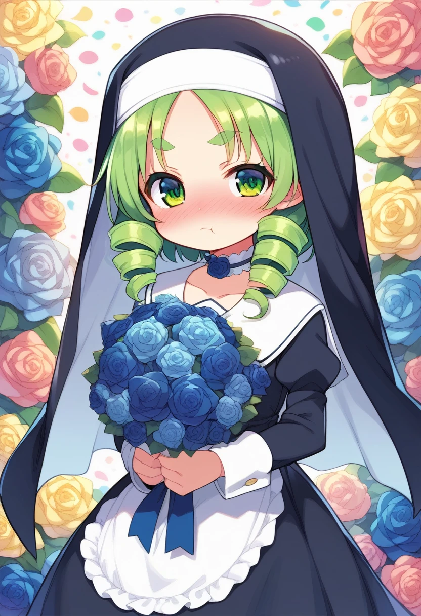 score_9, ,score_7_up, score_6_up, 1girl, source_cartoon, source_anime,breathtalking Scenery,watercolor,smooth soft skin, natural skin,mjm
BREAK 
(loli:1.4),(little female child:1.4), small breast,cute face, (loli toddler:1.1), 6 yo,kawaii, (highlight on eyes), (jiggly:0.8), shiny skin,beautiful eyes, detailed eyes, puffy eyes,
BREAK 
(medium green hair:1.3),(green maro eyebrows:1.6),pouty and slightly grumpy,(pout:1.2), ::(, (jitome),(frown:0.6),drill hair, green eyes, full_face blush,
BREAK 
(zigzag pattern nun dress), (pastel veil:1.2),choker,nun,excessive detailed collarbone,
flowerbackground,flowergarden,blue rose bouquet, (digits behind blue rose bouquet:1.2), (hands behind colorful rose bouquet:1.3),heart falling petals,
(holding bouquet:1.1), celebration, Congratulations,confetti, bloom effect,dynamicangle,pastelcolor,upturned eyes,heart ribbon