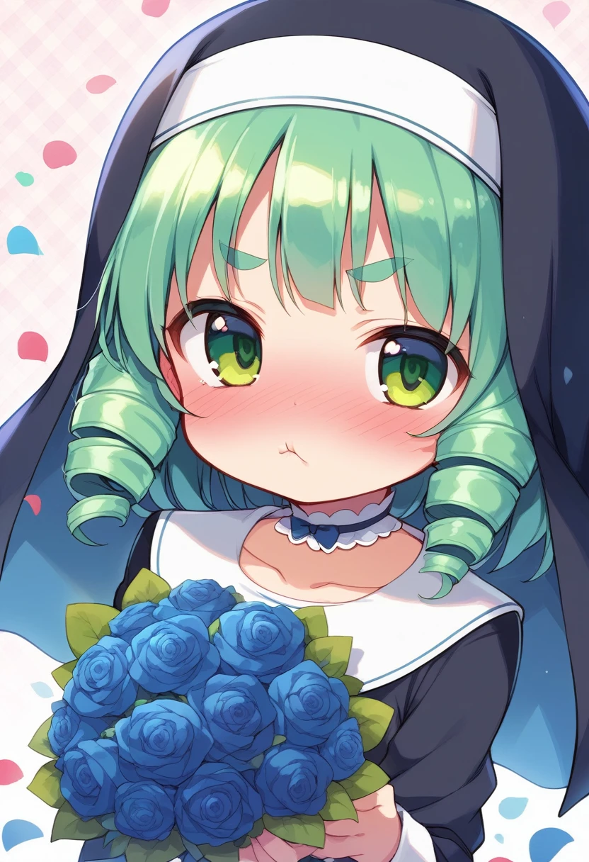 score_9, ,score_7_up, score_6_up, 1girl, source_cartoon, source_anime,breathtalking Scenery,watercolor,smooth soft skin, natural skin,mjm
BREAK 
(loli:1.4),(little female child:1.4), small breast,cute face, (loli toddler:1.1), 6 yo,kawaii, (highlight on eyes), (jiggly:0.8), shiny skin,beautiful eyes, detailed eyes, puffy eyes,
BREAK 
(medium green hair:1.3),(green maro eyebrows:1.6),pouty and slightly grumpy,(pout:1.2), ::(, (jitome),(frown:0.6),drill hair, green eyes, full_face blush,
BREAK 
(zigzag pattern nun dress), (pastel veil:1.2),choker,nun,excessive detailed collarbone,
flowerbackground,flowergarden,blue rose bouquet, (digits behind blue rose bouquet:1.2), (hands behind colorful rose bouquet:1.3),heart falling petals,
(holding bouquet:1.1), celebration, Congratulations,confetti, bloom effect,dynamicangle,pastelcolor,upturned eyes,heart ribbon