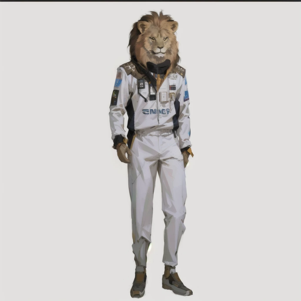 Arafed wearing a lion mask stands in Racing Suit, 2D lion in full growth, Using the Dead Lion Costume Jacket, The body of a lion, Focus on the anti-overload flight suit, complete whole The body of a lion, Robot Lion, 2013, 2 0 1 4, 2014, 2015, 2 0 1 5, whole body in a suit