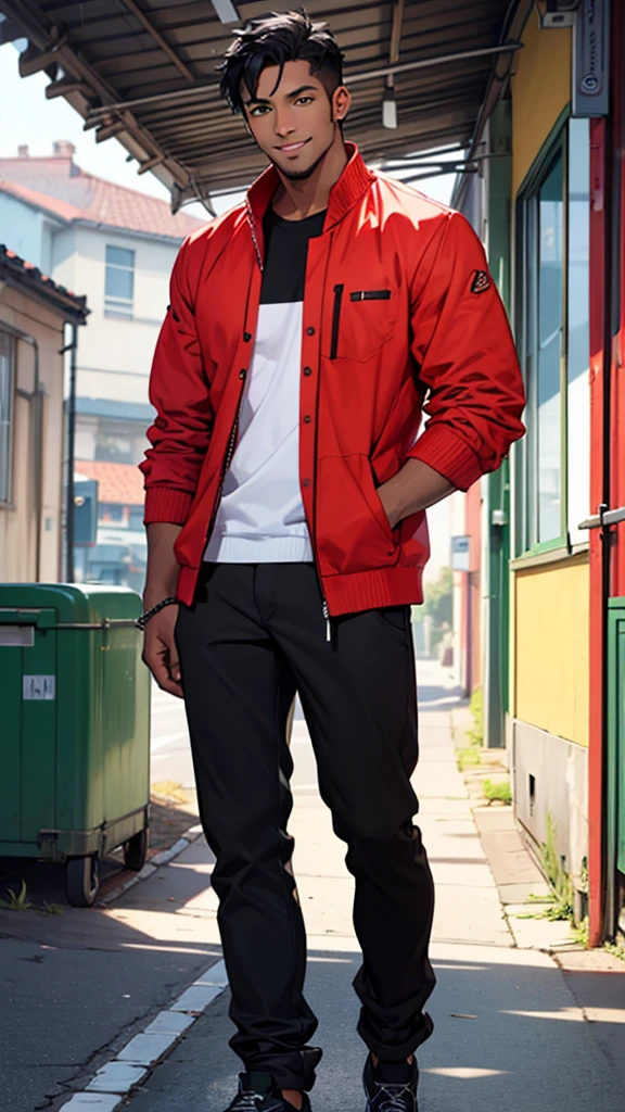 One was dressed in casual clothing、A very handsome black man with short black hair and green eyes is facing me。full-body shot (Best quality Ultra HD 8K, He smiled. The image must show the entire body