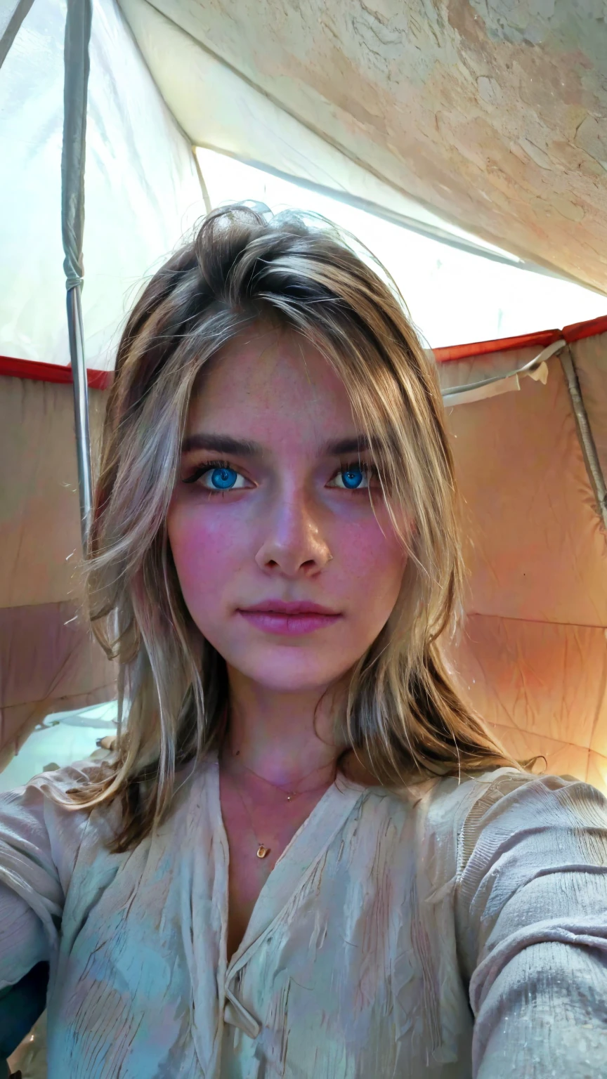 1 woman, Russian, beautiful, blue eyes, white silver hair,((upper body selfie, happy)), Filming in a tent, Beautiful backlight, Tent Open Sign,Masterpiece, Best Quality, Ultra-detailed, Solo, exteriors, (natta), Antarctica, Nature, (sao, the moon) cheerful, happy,, Cosy in a sleeping bag, Inside the tent, When you open the tent, You can see some nice horsemen outside.., woods, rock formations, rivers, wood, smoke, shadowy, contrast, clear skies, analog style (looking up at viewer:1.2) (skin texture) (film grain:1.3), (warm hue, warm tone:1.2), close-up, Cinematic light, Sidelighting, The ultra-Highres, best shadows, ..raw, upper half body, wearing pullover, Relaxed and intimate photos, white hairs,