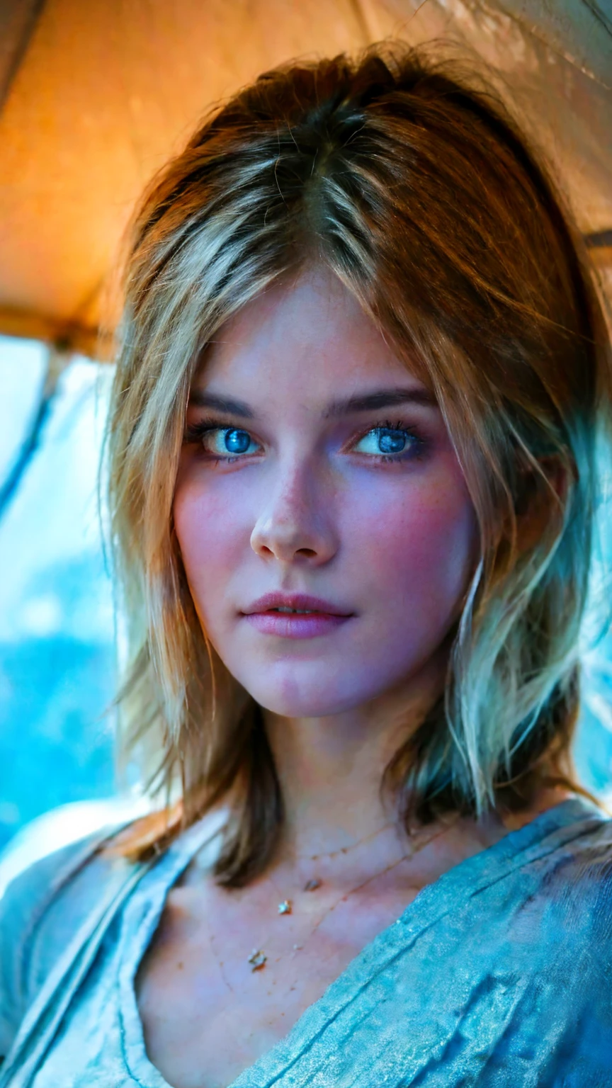 1 woman, Russian, beautiful, blue eyes, white silver hair,((upper body selfie, happy)), Filming in a tent, Beautiful backlight, Tent Open Sign,Masterpiece, Best Quality, Ultra-detailed, Solo, exteriors, (natta), Antarctica, Nature, (sao, the moon) cheerful, happy,, Cosy in a sleeping bag, Inside the tent, When you open the tent, You can see some nice horsemen outside.., woods, rock formations, rivers, wood, smoke, shadowy, contrast, clear skies, analog style (looking up at viewer:1.2) (skin texture) (film grain:1.3), (warm hue, warm tone:1.2), close-up, Cinematic light, Sidelighting, The ultra-Highres, best shadows, ..raw, upper half body, wearing pullover, Relaxed and intimate photos, white hairs,