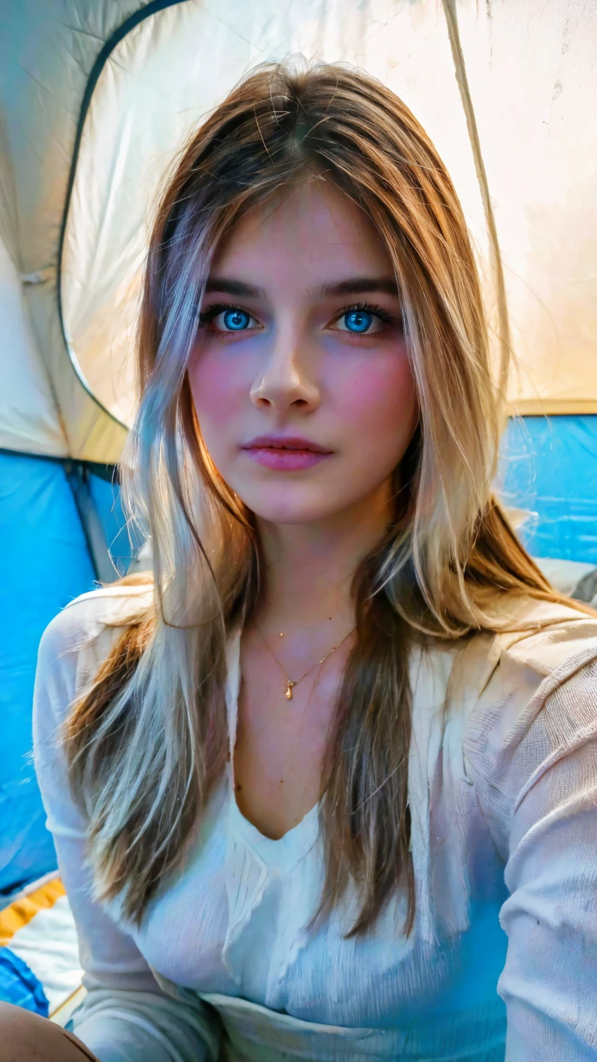 1 woman, Russian, beautiful, blue eyes, white silver hair,((upper body selfie, happy)), Filming in a tent, Beautiful backlight, Tent Open Sign,Masterpiece, Best Quality, Ultra-detailed, Solo, exteriors, (natta), Antarctica, Nature, (sao, the moon) cheerful, happy,, Cosy in a sleeping bag, Inside the tent, When you open the tent, You can see some nice horsemen outside.., woods, rock formations, rivers, wood, smoke, shadowy, contrast, clear skies, analog style (looking up at viewer:1.2) (skin texture) (film grain:1.3), (warm hue, warm tone:1.2), close-up, Cinematic light, Sidelighting, The ultra-Highres, best shadows, ..raw, upper half body, wearing pullover, Relaxed and intimate photos, white hairs,