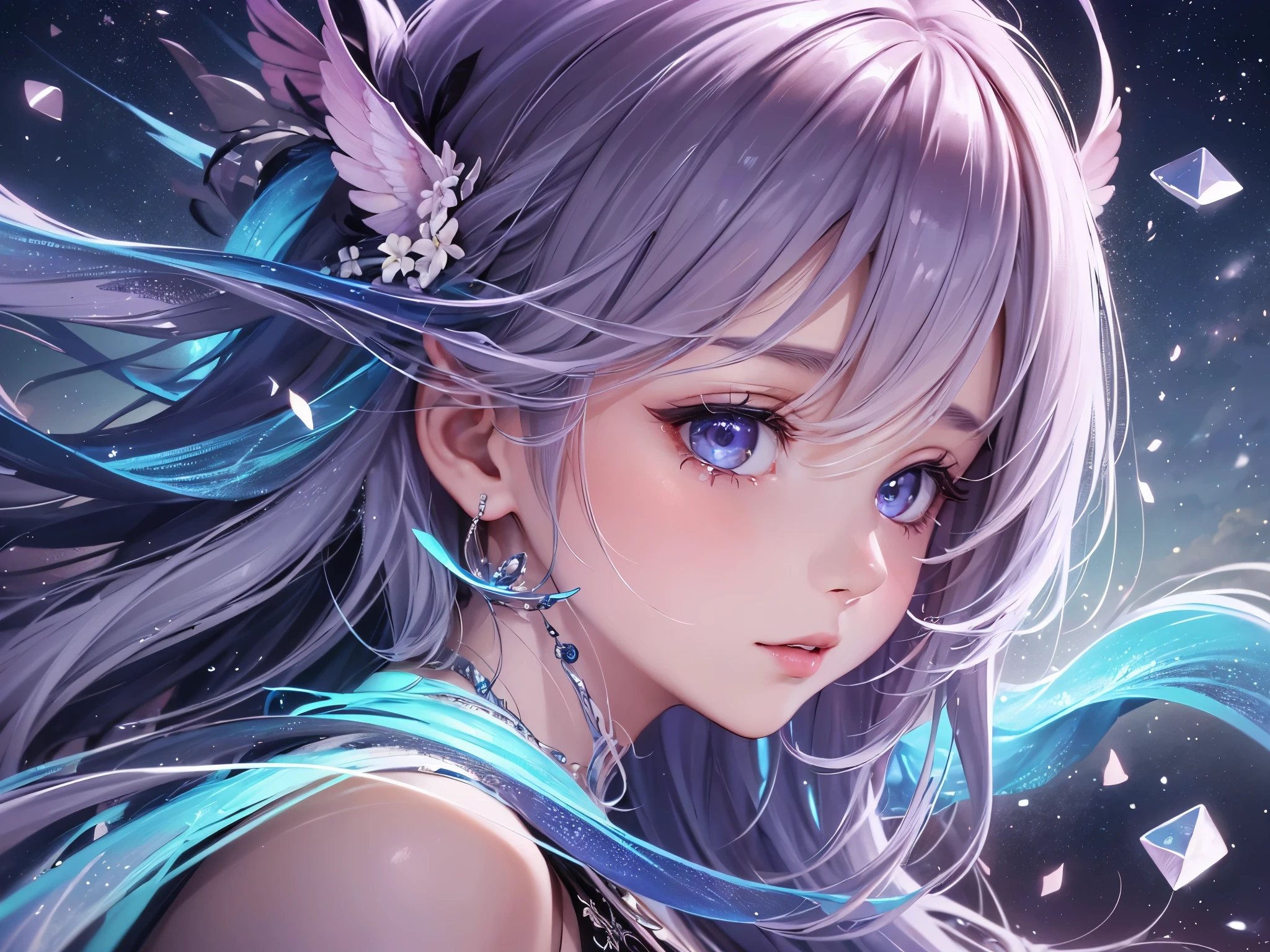 ((Highest quality)),(Ultra-high resolution),(Ultra-detailed new),(Detailed Description),((The best CG)),(masterpiece),Highly detailed art,A wonderful new art form,(Art with precise details:1.5), (One adult woman:1.1), Staring, Starry night sky, Twinkling stars in the night sky, flower