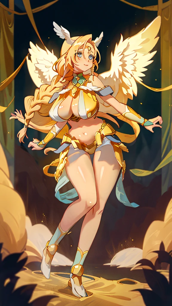 A tall goddess woman beautiful sexy sensual beautiful beautiful tenderness affectionate pretty smiles kindly long yellow hair wavy to the side one Mencho short yellow braid her light blue eye another orange eye she dresses bright gold metal brassiere shows navel and shorts gold armor shows leg socks black net and has angel wings on his back