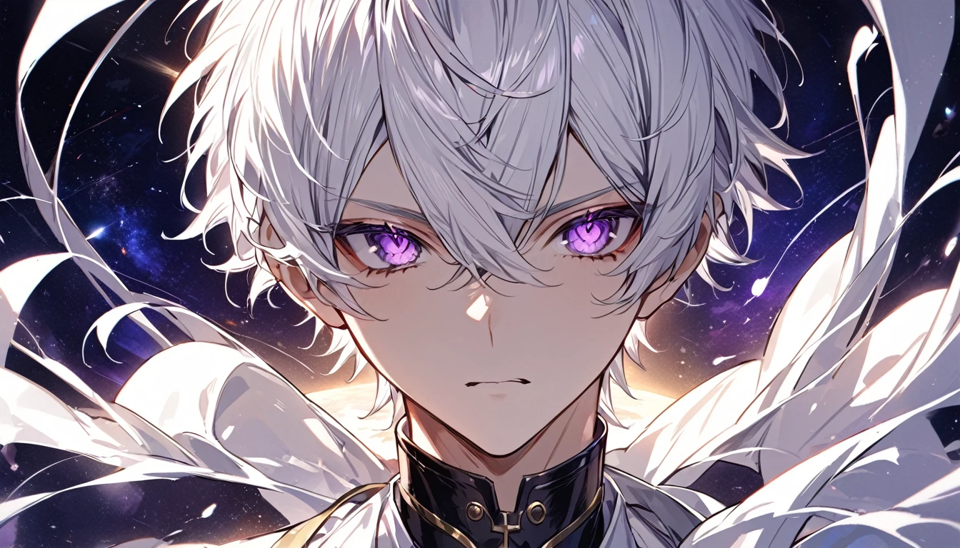 high quality, High resolution, 4K, No Shadow, Handsome man, 1 male, 17 years old, teenager, Golden lining, Short white hair, Sharp eyes, Deep purple eyes, Deep purple eyes, The devil may cry, close, Calm expression, Stoic expression, Black leather clothing, white leather clothes, Lean Your Body, Well-trained body, Upper Body, View your viewers, Cowboy Shot, White Solar, Space Background