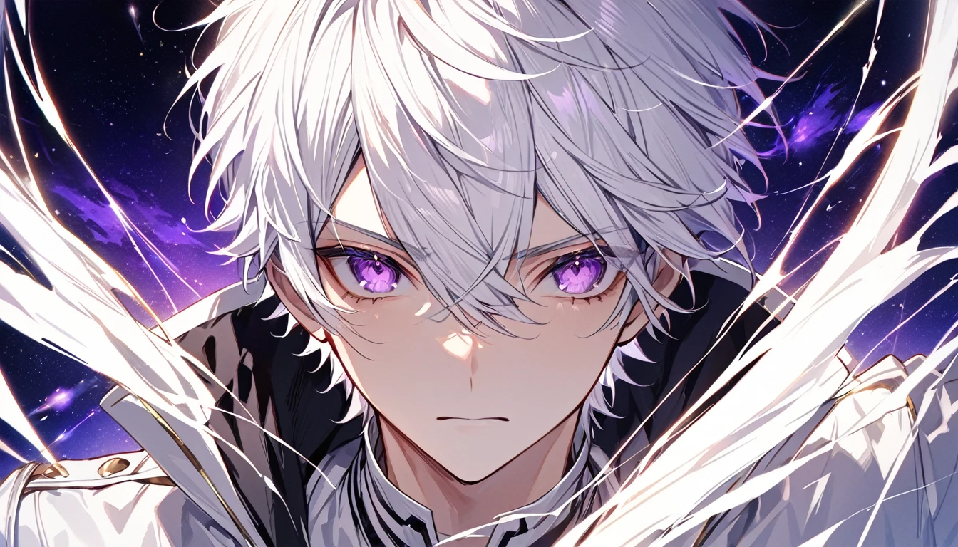 high quality, High resolution, 4K, No Shadow, Handsome man, 1 male, 17 years old, teenager, Golden lining, Short white hair, Sharp eyes, Deep purple eyes, Deep purple eyes, The devil may cry, close, Calm expression, Stoic expression, Black leather clothing, white leather clothes, Lean Your Body, Well-trained body, Upper Body, View your viewers, Cowboy Shot, White Solar, Space Background