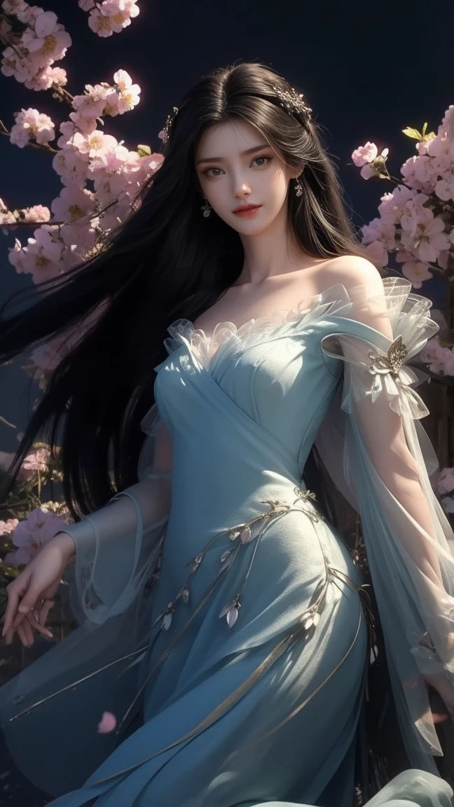 1girl, girl with long black hair, smiling, cheerful, girl is standing among a wide expanse of flowers,girl posing gracefully , surrounded by beautiful flowers, Calm and peaceful atmosphere, night, moonlight , Beautiful glowing butterflies surround the girl lighting up the darkness of the night, magic,Romantic, the night breeze blows the Sepoi Sepoi girl's hair, 