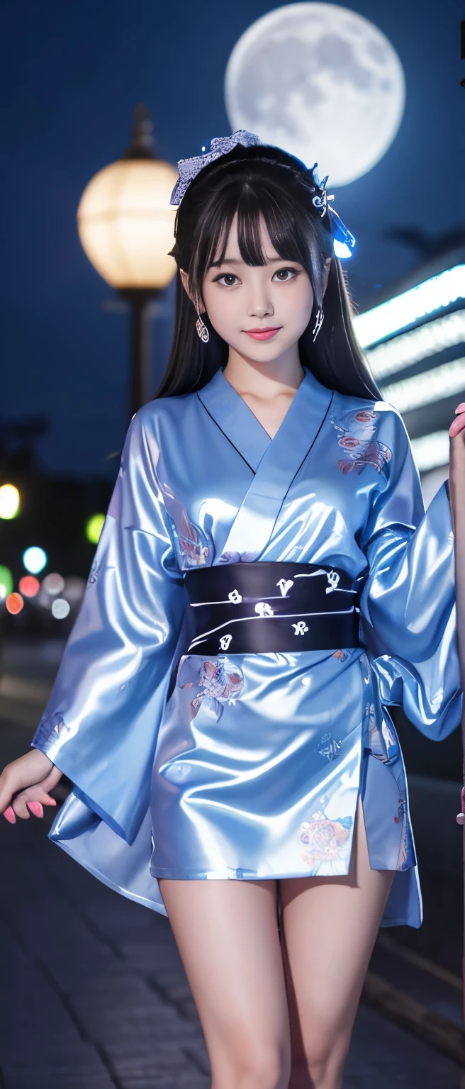 A cute and mysterious idol girl、whole body、Good style、、、、、、、、、、Thick legs、、Silver and blue mini kimono（Splash Print）、Neat and clean idol face、、、Moonlit Night、Glowing、Glowing Spear