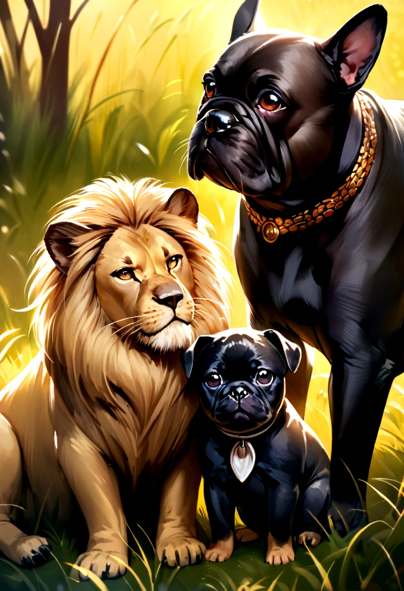 (very detailed, height:1.2), realistic, Fine fur, black french bulldog puppy, playful lion, lush grass, Quiet meadow, gentle sunlight, warm color palette, Fun interactions, cute and innocent, harmonious scene, animal friendship