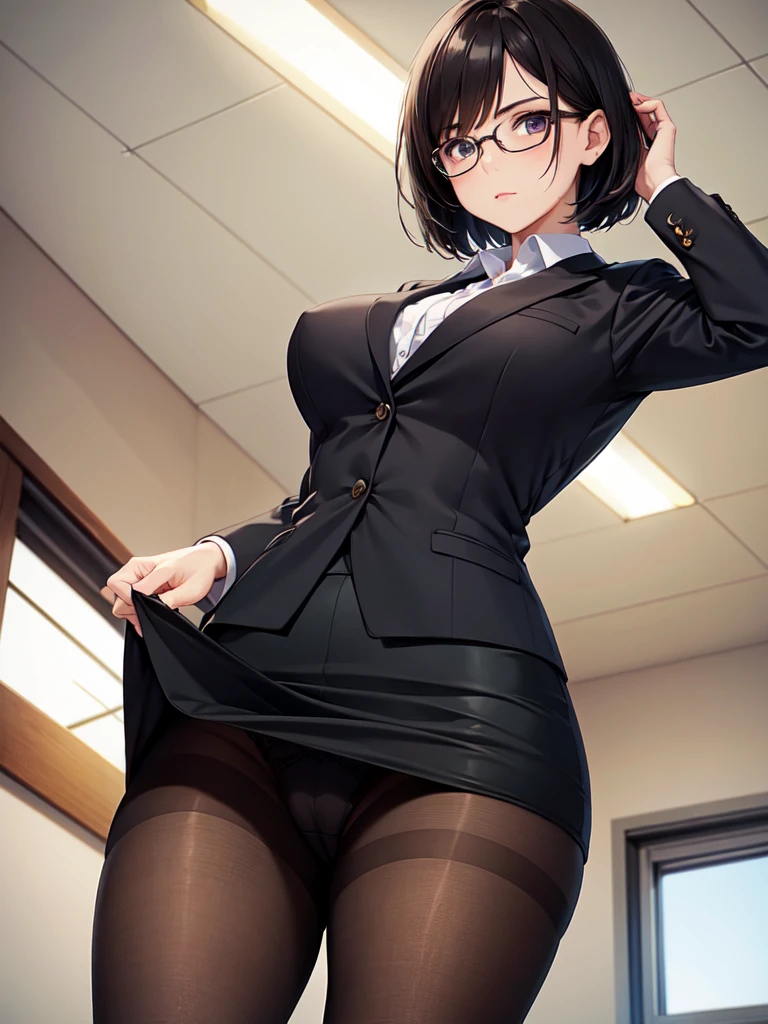 masterpiece, best quality, high definition images, atmospheric perspective, expressive eyes, perfect face, ultra detailed, solo, 1mature seductive woman alluring, female teacher, look elegant, black short bob hair, simple glasses, business suit, jacket, blouse, pencil skirt, tight mini skirt, open legs, panties, curvy, thighs, pantyhose, high heals, stern expression, shy, from below, in classroom, school,