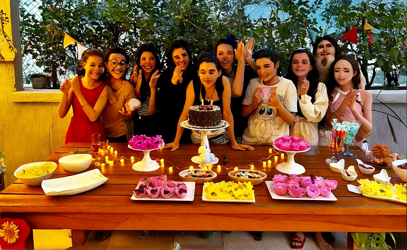 An illustration of a with friends, expressive eyes – Everyone with a smile on their face, and share a special moment, This is marked by love, e Illustrate this scene from a perspective, where they are facing the camera, show your connection. Develop this art in Full HD, Focus on your cinematic flair, Estilo Disney Pixar Animations