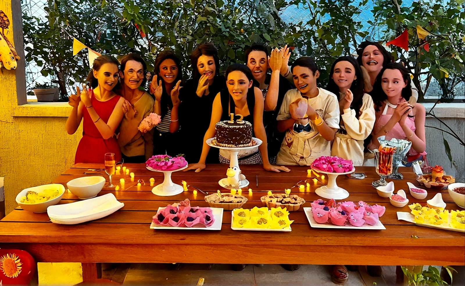 An illustration of a with friends, expressive eyes – Everyone with a smile on their face, and share a special moment, This is marked by love, e Illustrate this scene from a perspective, where they are facing the camera, show your connection. Develop this art in Full HD, Focus on your cinematic flair, Estilo Disney Pixar Animations