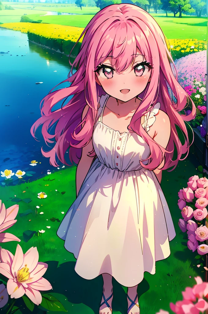 Louise Françoise Le Brun de La Valliere,Pink Hair,Pink Eyes,blush,smile,Open your mouth, White sleeveless dress,Long skirt,Cute Sandals,Standing with arms behind back,So that the whole body goes into the illustration,Daytime,Clear skies、
break looking at viewer,all,
break outdoors, Flower Field,lake,
break (masterpiece:1.2), Highest quality, High resolution, unity 8k wallpaper, (figure:0.8), (Detailed and beautiful eyes:1.6), Highly detailed face, Perfect lighting, Extremely detailed CG, (Perfect hands, Perfect Anatomy),