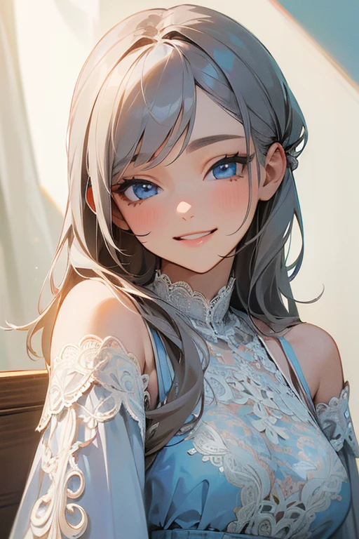 (masterpiece: 1.2, Highest quality), (Actual Photos, Intricate details), 1. woman, alone, Upper Body, casual, Shoulder-length hair, Minimal makeup, Natural materials, Face close-up, smile, Home, Gray Hair, blue eyes, Shoulder Bare、Smiling with teeth showing、((Lace clothes))