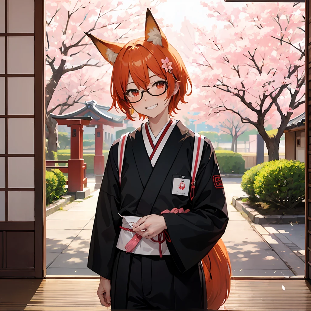 colorful, masterpiece, 1man, grin, close eyes, blush, random haircut, black glasses, orange hair, red eyes, fox ears, wallpaper, landscape, depth of field, morning, sakura bloom, sakura tree, school gate, light particles, light rays, sidelighting, japanese school, pov from left, (japanese summer school shirt), black japanese school pants