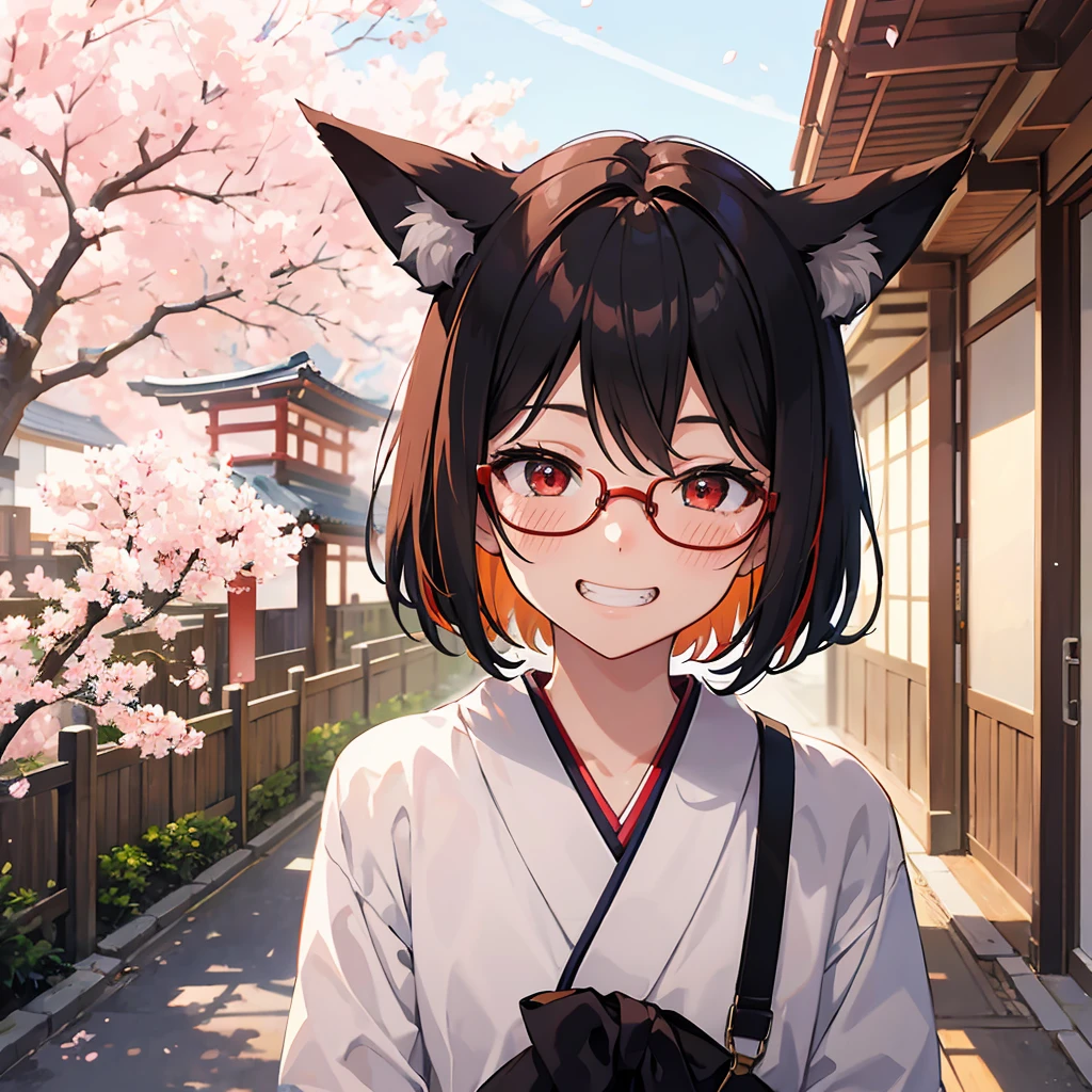 colorful, masterpiece, 1man, grin, close eyes, blush, random haircut, black glasses, orange hair, red eyes, fox ears, wallpaper, landscape, depth of field, morning, sakura bloom, sakura tree, school gate, light particles, light rays, sidelighting, japanese school, pov from left, (japanese summer school shirt), black japanese school pants