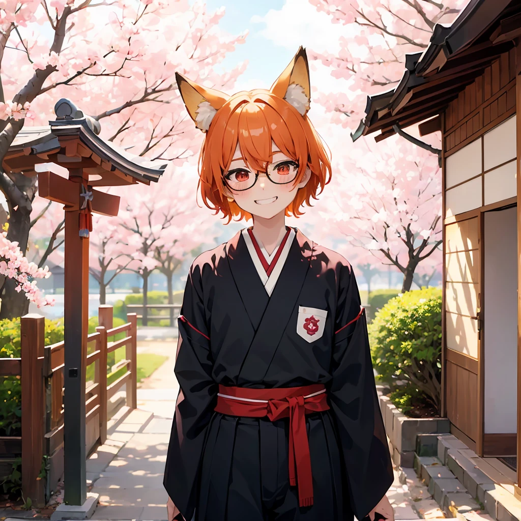 colorful, masterpiece, 1man, grin, close eyes, blush, random haircut, black glasses, orange hair, red eyes, fox ears, wallpaper, landscape, depth of field, morning, sakura bloom, sakura tree, school gate, light particles, light rays, sidelighting, japanese school, pov from left, (japanese summer school shirt), black japanese school pants