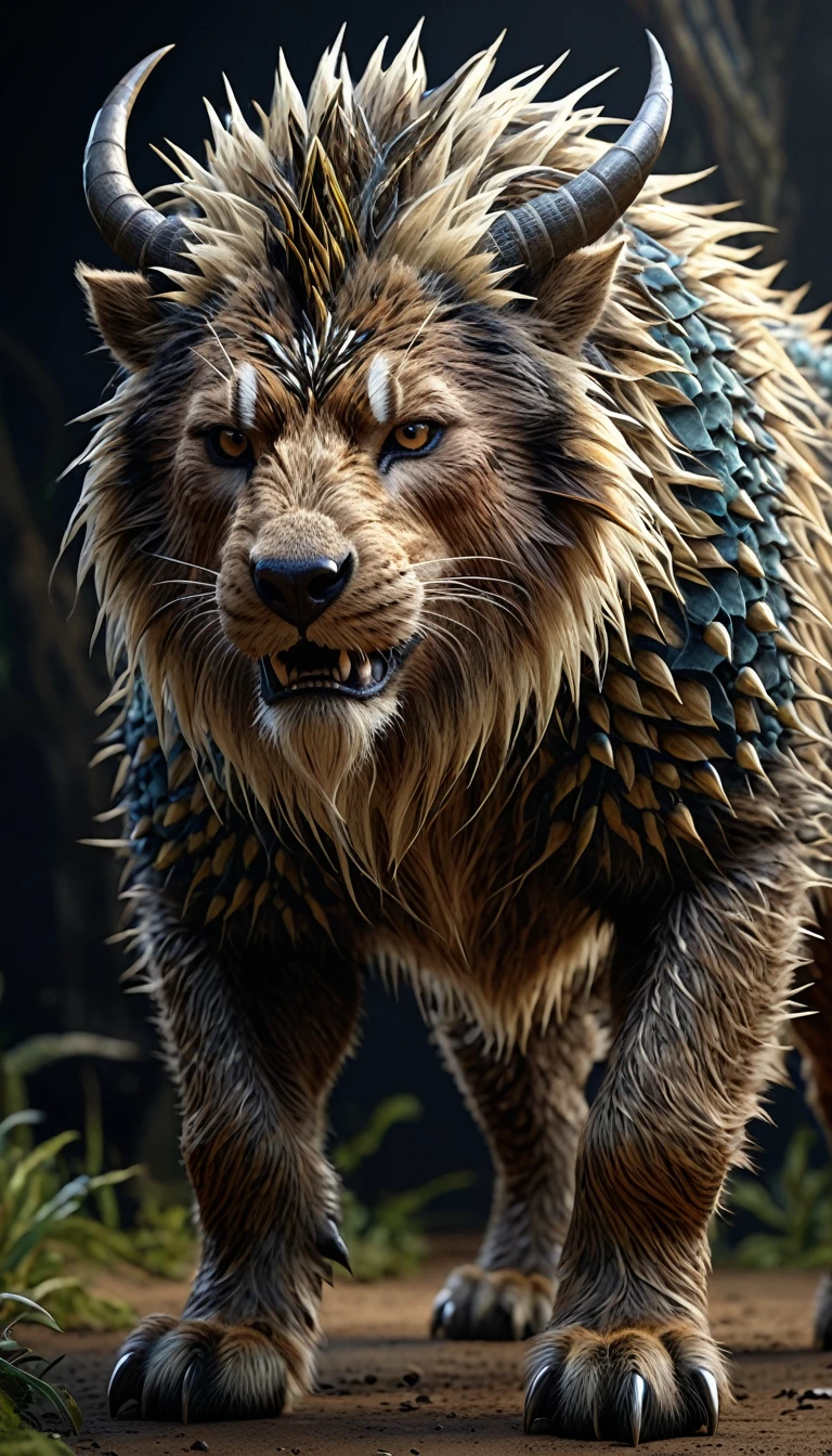 There is a kind of beast，It looks like a human but is covered with coarse, hard, and thorny hair.（best quality，4K，8K，High level，masterpiece：1.2），Ultra Detailed，（lifelike，Photo real，Photo real：1.37），Highly detailed animals，Complex patterns，Realistic lighting，Fantasy Creatures
