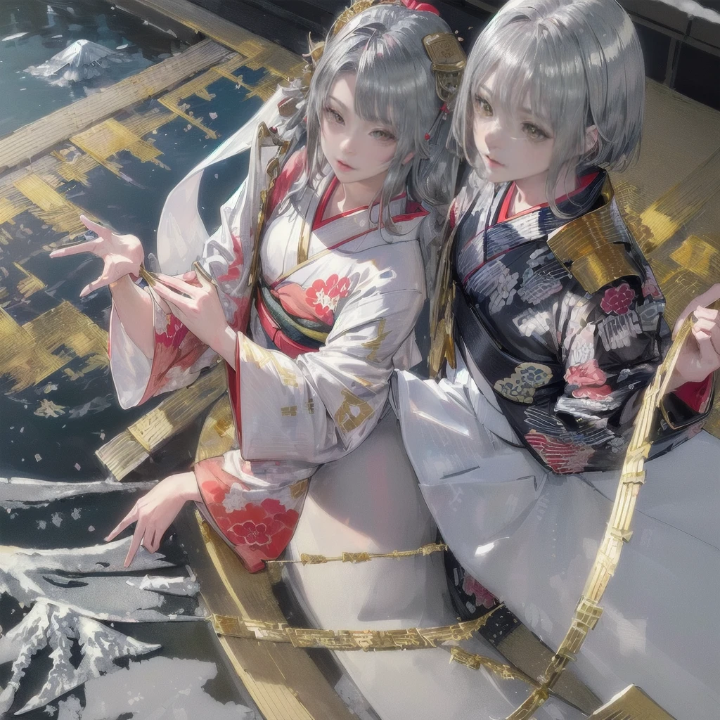 ((8K, RAW Photos, Highest quality, masterpiece)),((Showing the kimono from the obi up：1.5)), High-resolution RAW color photos、

Professional close-up photography, (Realistic, フォトrealism: 1.37), 

(Highest quality), (Best Shadow), (Best illustrations),

High-quality images、Skin Radiance、Texture of skin and clothing、

Expression of fine eyes、Shiny Hair,Long Hair Girl, Manga inspired by Lee Jong-suk, 

Trending on deviantart, realism, detailed manga style, Manga art style,

Perfect Line Drawing, Beautiful line art, digital manga art girl, K-POPアイドル,

 Beautiful brown eyes, Fuller lips, Gorgeous face with attention to detail, 

(Cute Smile), attractive, Innocent, (Perfectly detailed face), 

(Detailed and carefully drawn hand) Photorealistic images, Written boundary depth, 

Japanese style princess cut hairstyle, 

best quality, masterpiece, New Year, 

((Kimono with strikingly beautiful colorful colors, red, Silver, gold:1.7)), 

Three Japanese high-school cute girls, ((looking straight)), 

gently smiling, 

((upper arms hidden by clothes and hair)),

(innocent and pure high-school-girls:1.7)

((white short scarf)), ((white feather shawl)), 

(separately side by side:1.4), 

shrine background, (mount Fuji:1.7), ((snow)),(()lake)

winter(season), (outdoors:1.5)
