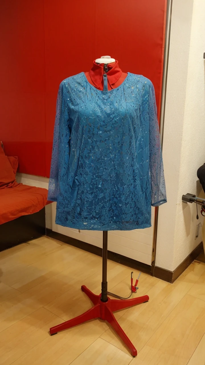 Change the mannequin to a more professional white mannequin, leave clothes as they are, and change the background to a professional sewing studio