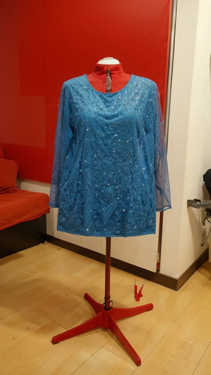 Change the mannequin to a more professional white mannequin, leave clothes as they are, and change the background to a professional sewing studio