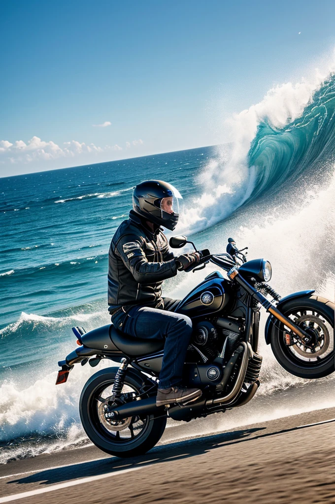 High quality fantasy scene, in which a man with the head of a fly rides a motorcycle at high speed. The man with the head of a fly, depicted in a detailed and realistic style, has a pose, reminiscent of a human, and squeezes the steering wheel. A motorcycle with intricate details is clearly visible in the foreground.. The background shows a sea with foamy waves, crashing on the shore. The overall picture is dynamic and vibrant, it captures the movement and thrill of driving in a fantastic setting."