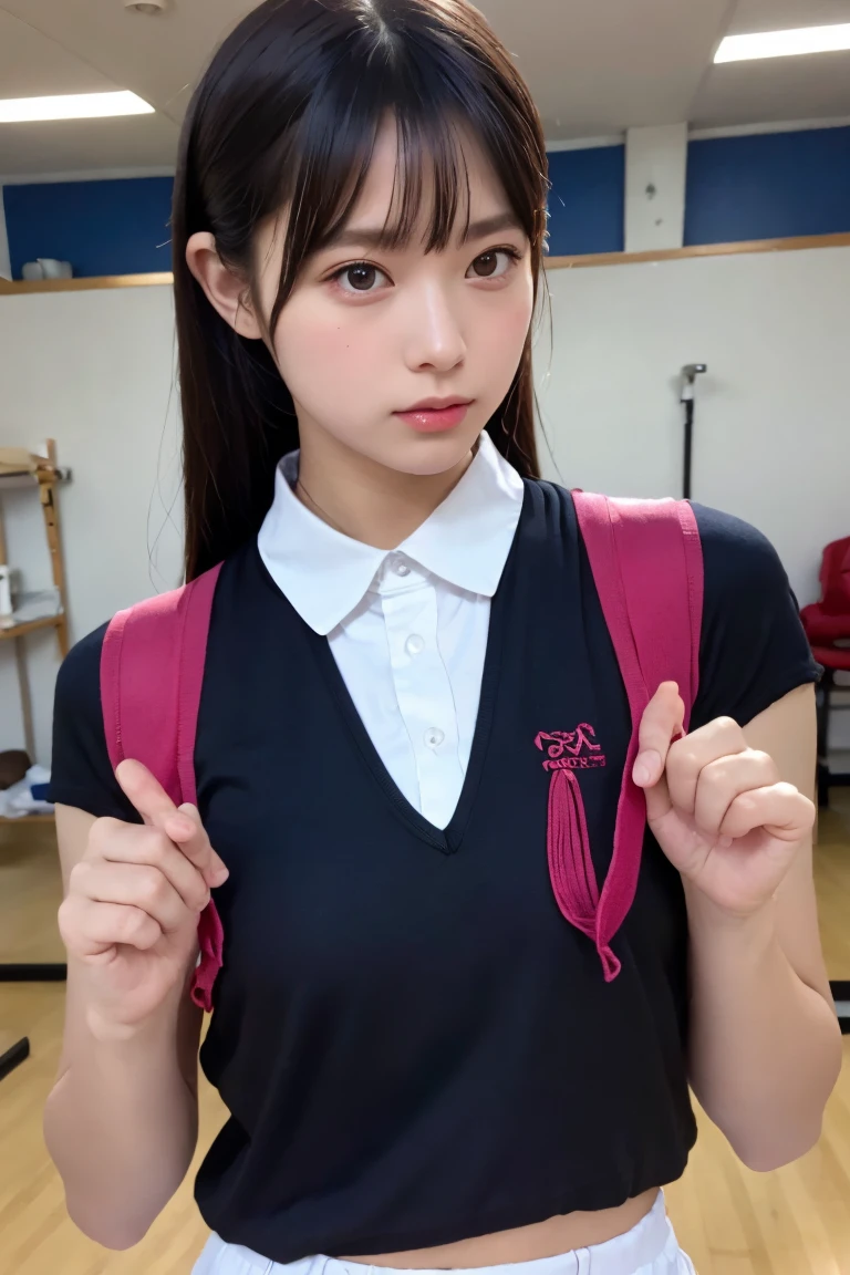 (8K, RAW Photos,Highest quality, High resolution:1.1), (Ultra-realistic:1.4),(Realistic, Realistic:1.3),The Beauty of Japan、Rhythmic gymnastics club、Rhythmic Gymnastics Uniform、((Upper Body:1.3)),holding panties