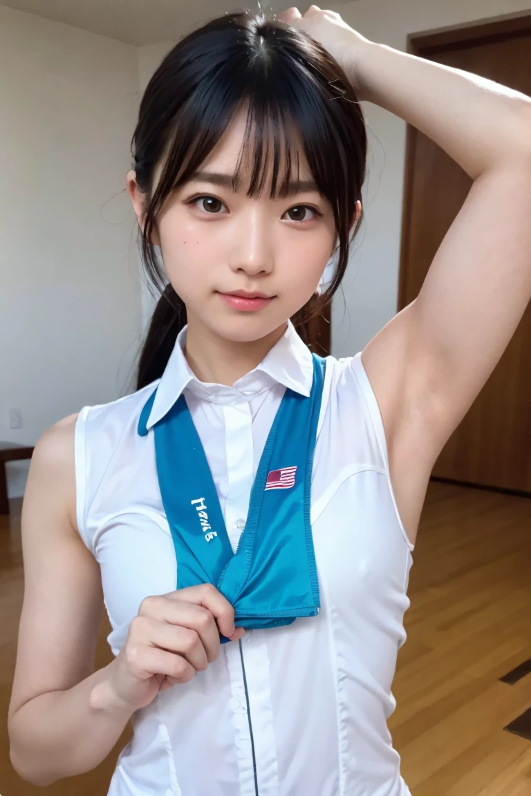 (8K, RAW Photos,Highest quality, High resolution:1.1), (Ultra-realistic:1.4),(Realistic, Realistic:1.3),The Beauty of Japan、Rhythmic gymnastics club、Rhythmic Gymnastics Uniform、((Upper Body:1.3)),holding panties