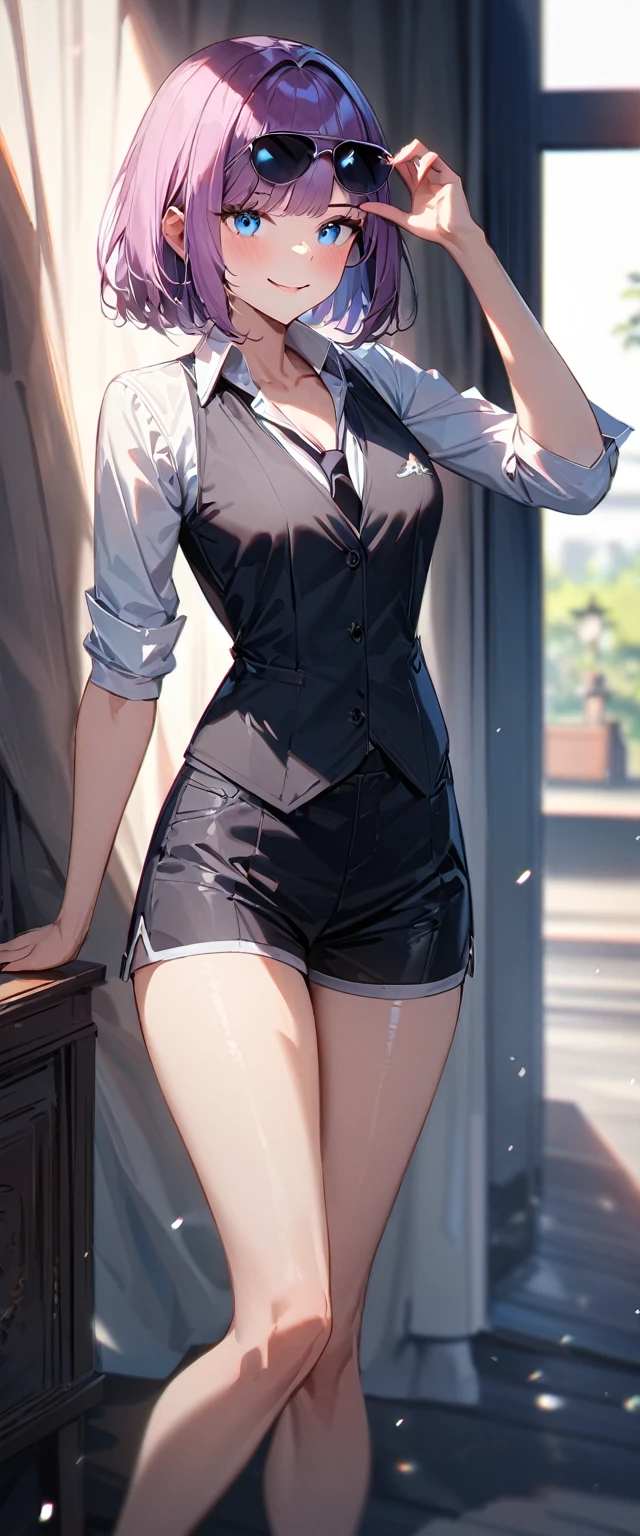 (((One Girl))), Blonde, Bobcut, (Cowboy Shot), ((sunglasses, hand to sunglasses)), (View your viewers), Focus on the face, ager, Tilt your head:1.3, (((blue eyes))), ((Smile)), ((blush)), Contrasting, Place one hand on hip, (((Exposed clothing))), School summer clothes, (((Open collar))), White shirt, ((Black tie under the waistcoat)), skirt, Black vest, Anime Style, (Highest quality, 4K, 8K, High resolution, masterpiece:1.2, Super detailed, Super detailed eyes, High resolution, 超High resolution, Studio Lighting, Ultra-fine painting, Sharp focus, Physically Based Rendering, Very detailed explanation, Professional, Vibrant colors, Bokeh)、(Highest resolution, clear_image) Highest quality, a female's masterpiece, Very detailed, Semi-realistic,(Most of the body), (Highest quality, masterpiece, Ultra-realistic),Magenta hair, Straight Cut, , , Shadows appear in the eyes, short hair, ,Part your bangs in the center、I can see your forehead, ,,、The whole body from head to foot、、、Emerald blue and white shirt、、Full body shot to the toes、The way you pamper yourself in the port town、、Laugh innocently like a child、Relax in the bedroom、calisthenics、hot pants、Shorts、((Butt))