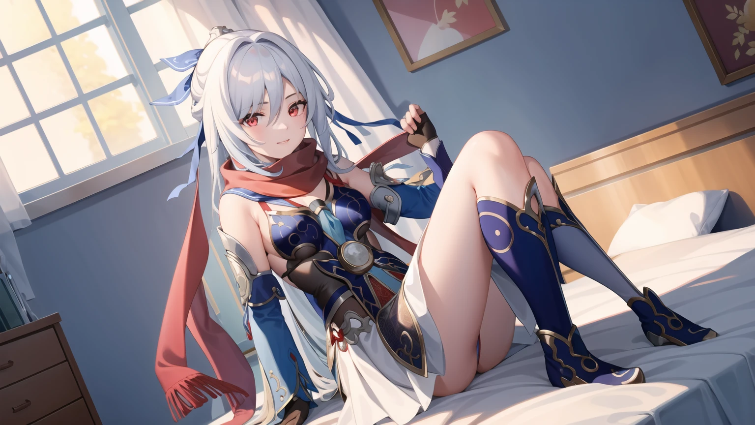 masterpiece, best quality, JingliuV5, 1girl, solo, looking at viewer, red eyes, gloves, dress, white scarf, scarf on neck, sailor collar, white cape, sitting on bed, indoors, bedroom, windows, blue sky, warm smile, upper body.