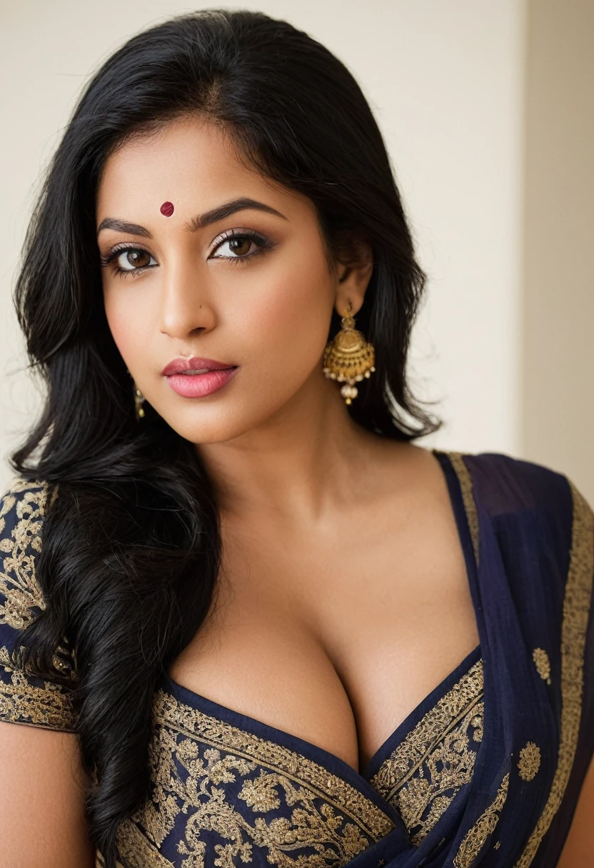 woman, Indian, light skin, plump lips, absolutely beautiful face, large breasts, cleavage, sari, straight black hair, detailed skin, skin detail,