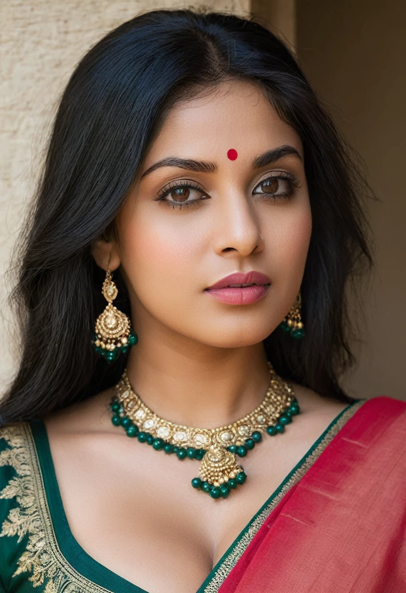 woman, Indian, light skin, plump lips, absolutely beautiful face, large breasts, cleavage, sari, straight black hair, detailed skin, skin detail,